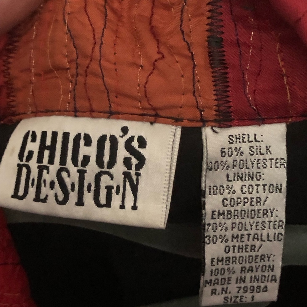 Chico’s Design Multi Red Tones Silk Blend Soft Cotton Lined Vintage Jacket Large - Picture 8 of 8